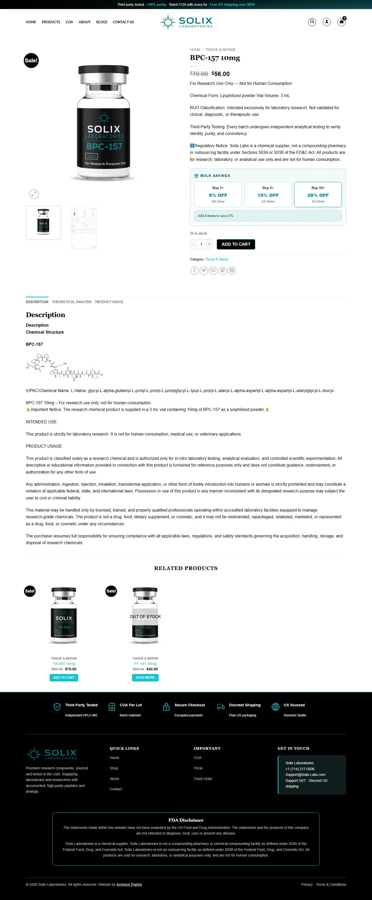 BPC-157 10mg product page with the research use rows, regulatory notice, bulk savings box and product tabs
