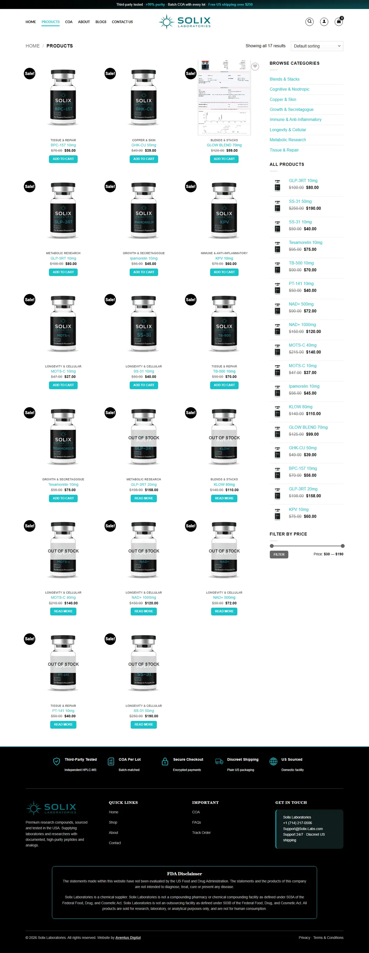 Solix Labs shop page with the category list and the research compound grid