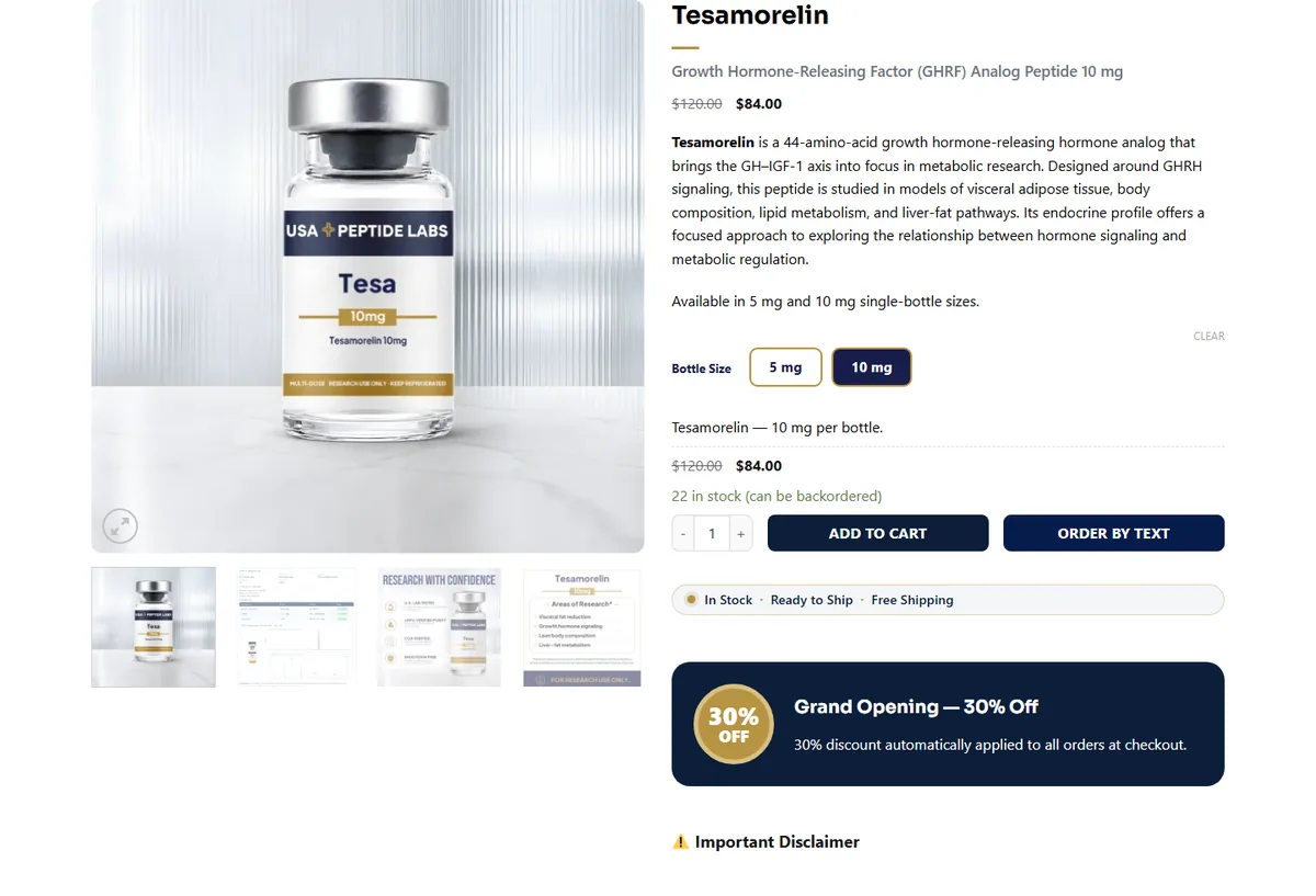 Tesamorelin product page: bottle size buttons, Order by Text and the grand opening offer