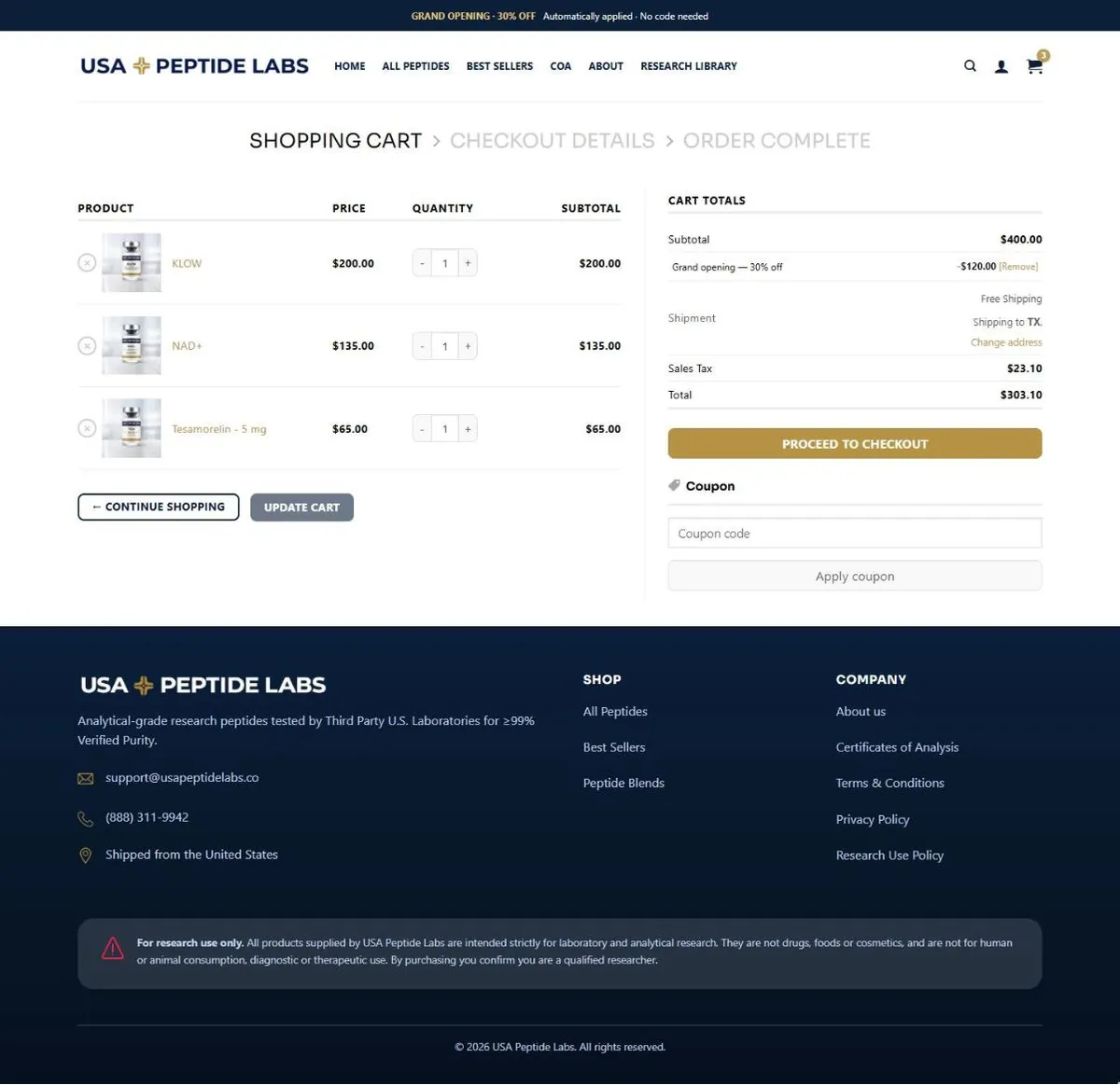 USA Peptide Labs cart with KLOW, NAD+ and Tesamorelin 5 mg, and the grand opening discount applied in the totals