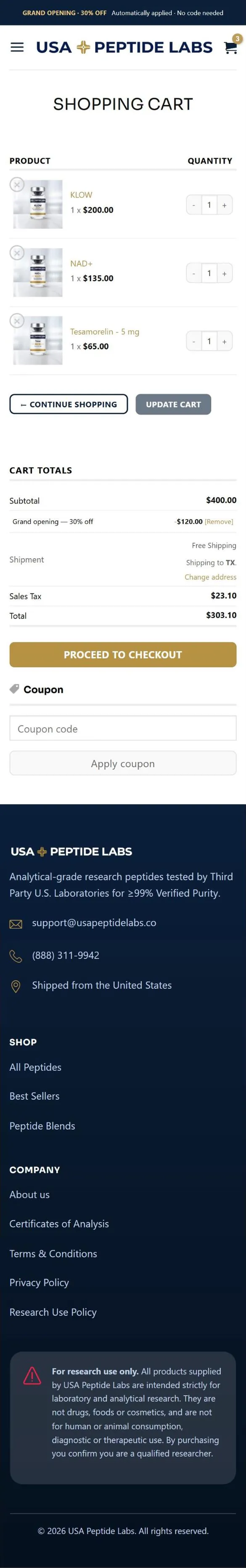 Cart page on a phone, down to the footer