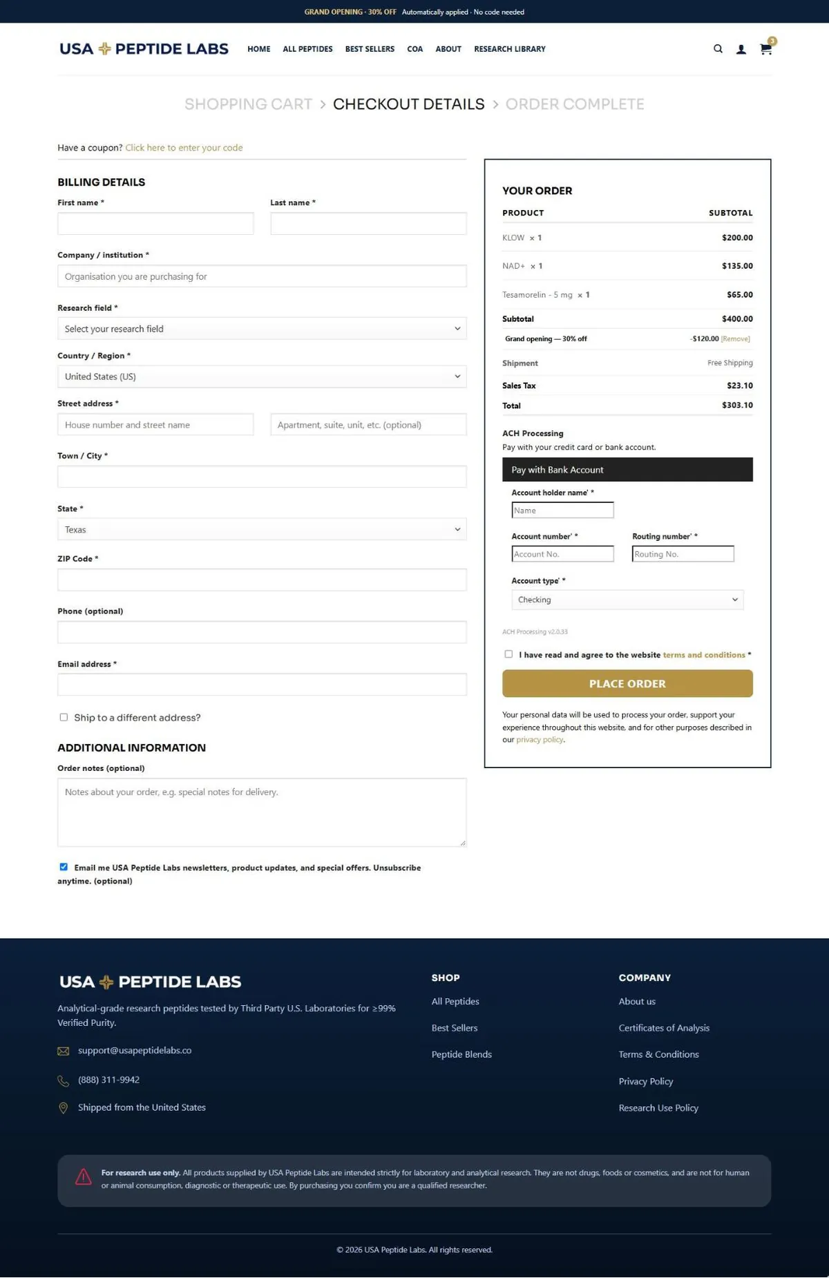 USA Peptide Labs checkout with the company or institution and research field questions, and the order summary