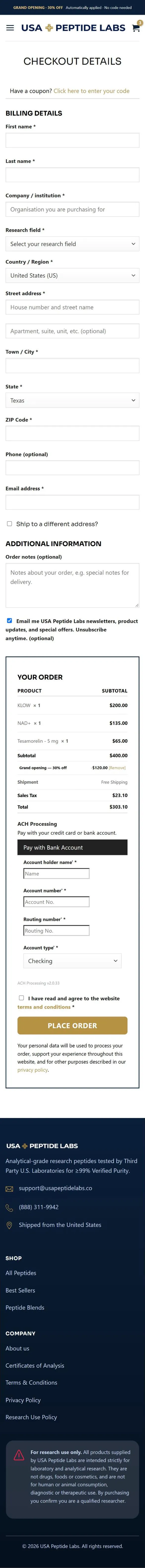 Checkout page on a phone, down to the footer