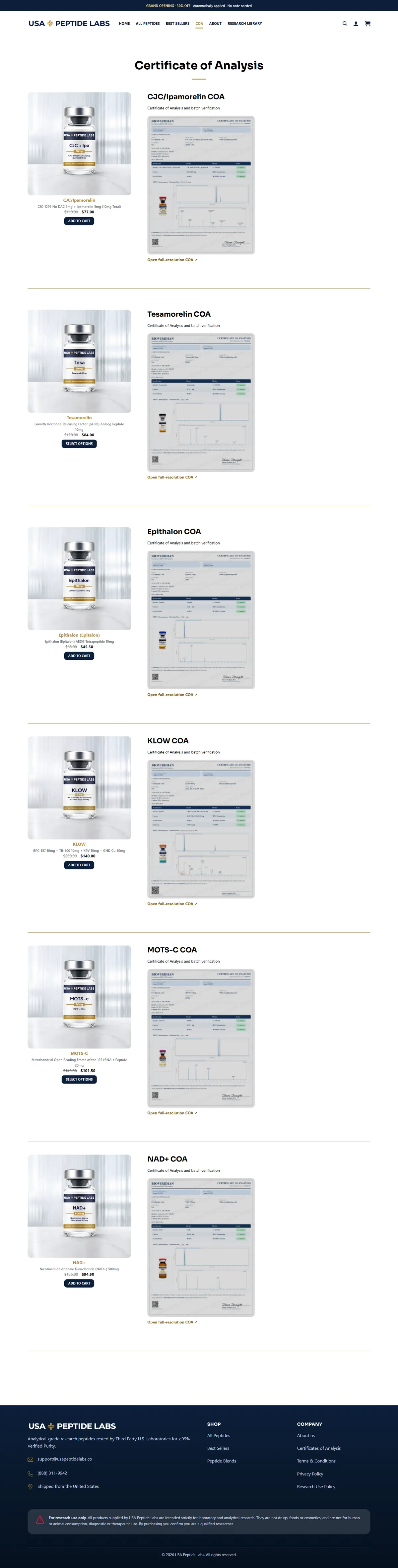 USA Peptide Labs COA page: each product next to its certificate of analysis