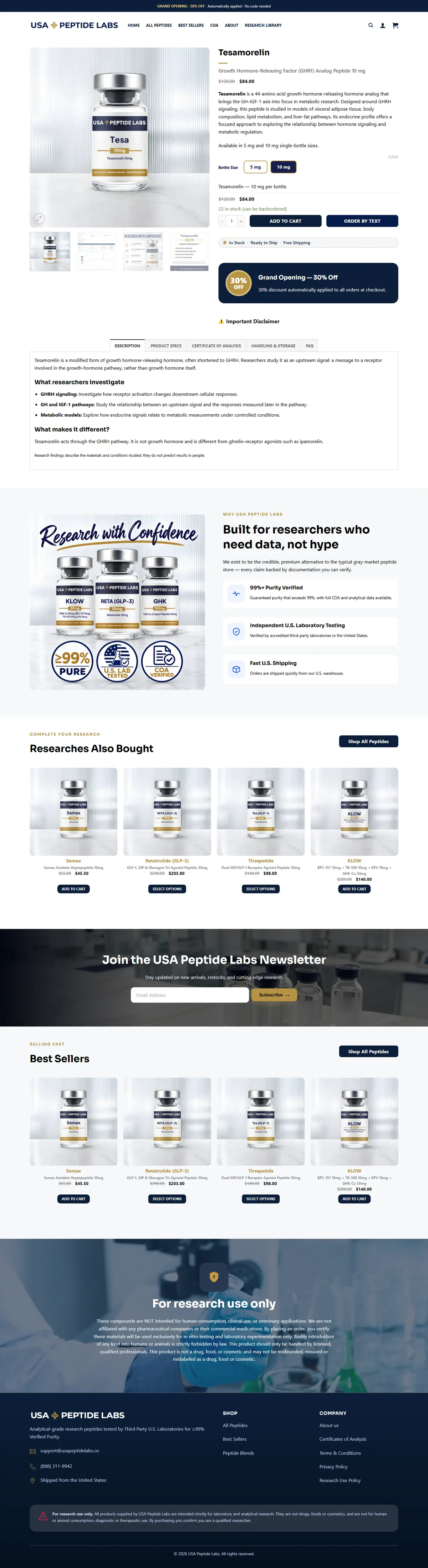 Tesamorelin product page with the bottle size buttons, Order by Text, the 30% launch offer and the product tabs