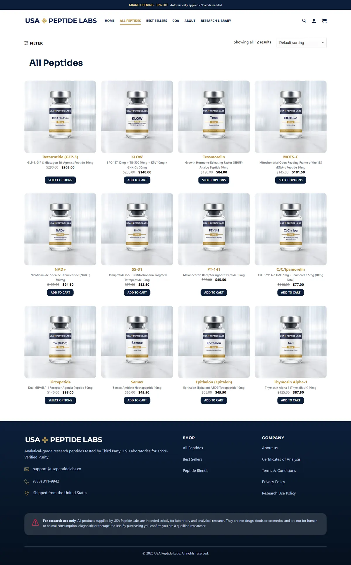 USA Peptide Labs shop page with all 12 research peptides at their launch prices