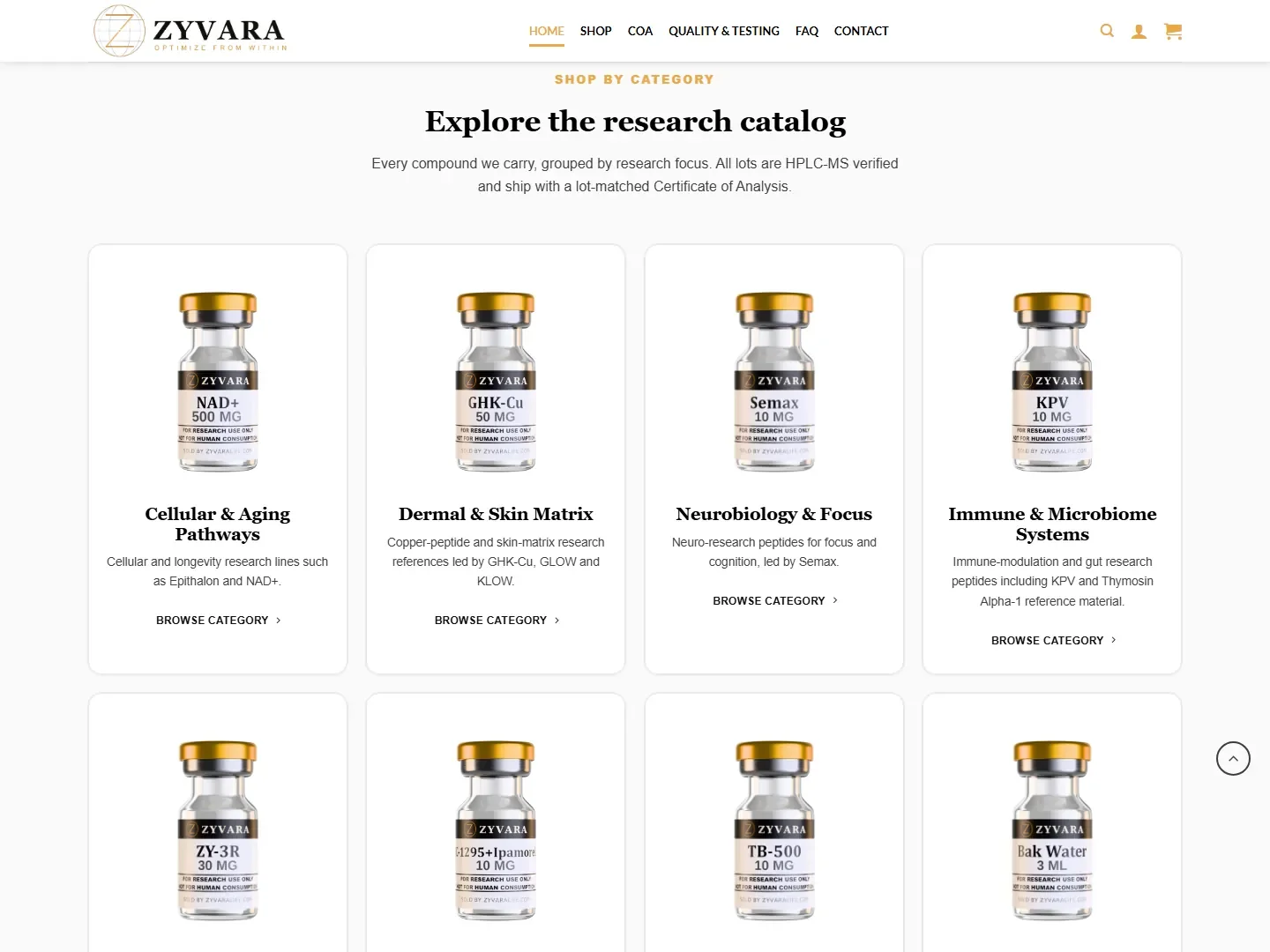 Homepage category grid with one card per research pathway