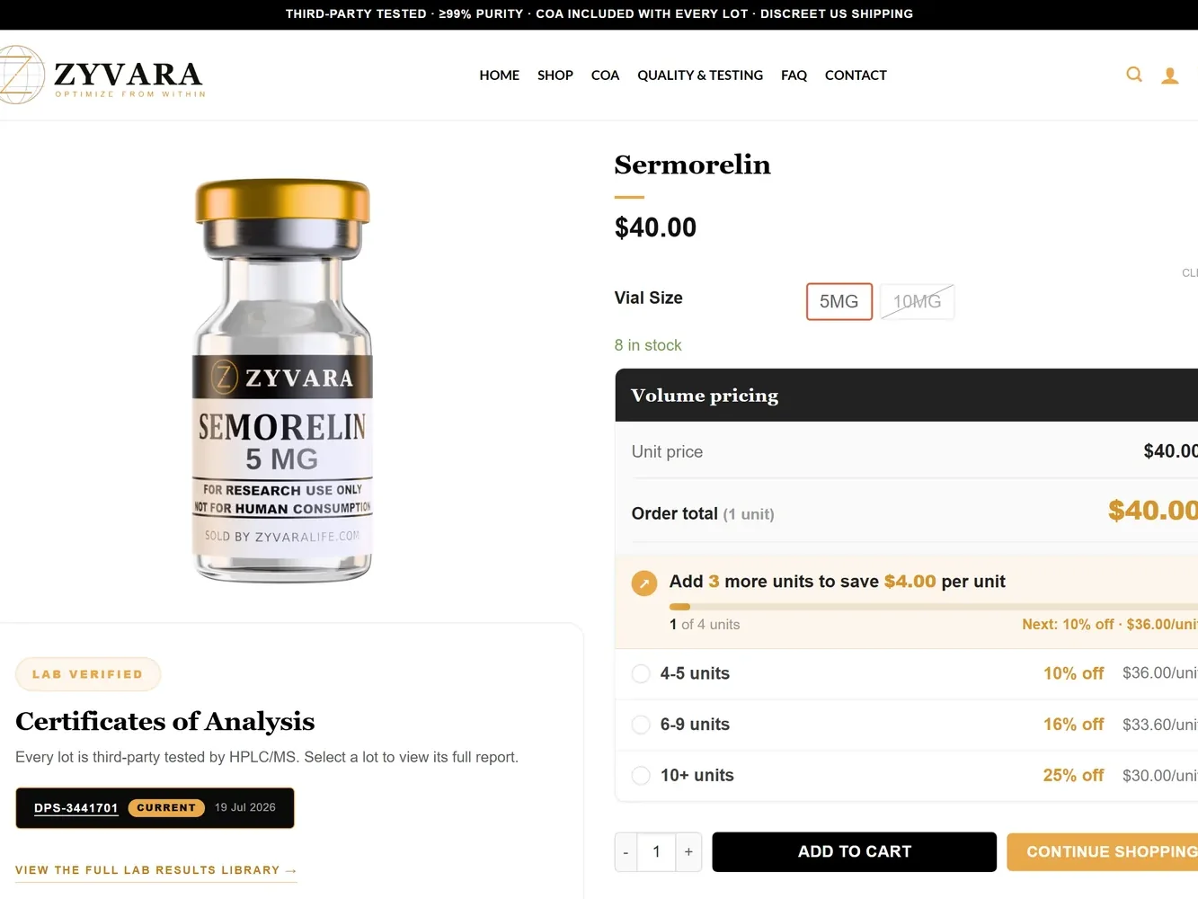 Product page header with vial size selector, volume pricing table and certificate of analysis block