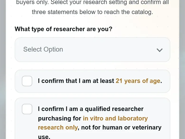 Researcher verification panel on a phone, with the research setting selector and confirmation checkboxes