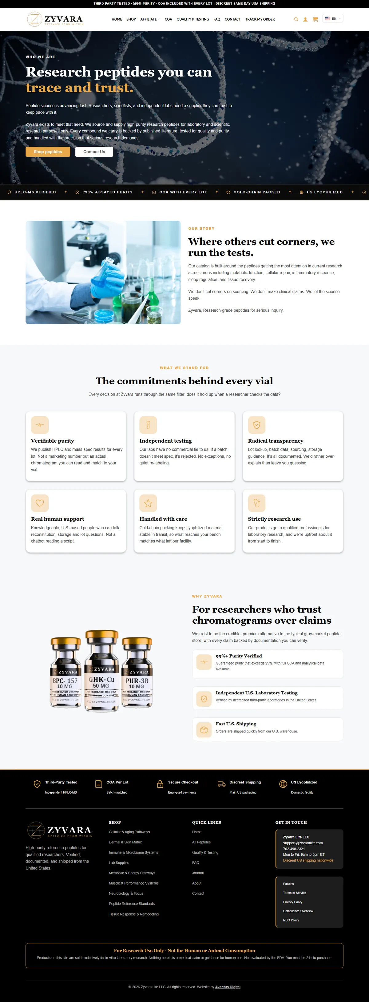 Full Zyvara About page, down to the footer