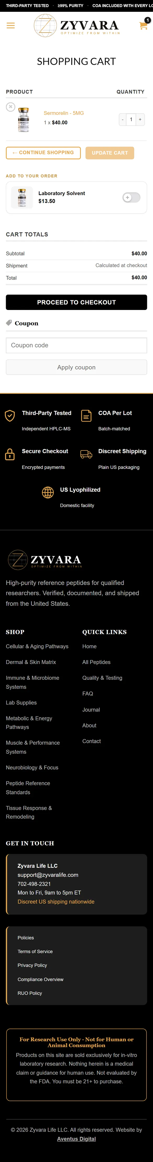 Zyvara cart on a phone, down to the footer