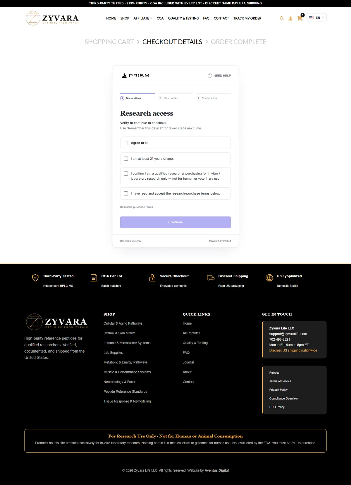 Zyvara checkout opening on the research access step: age, research use only and terms declarations, down to the footer