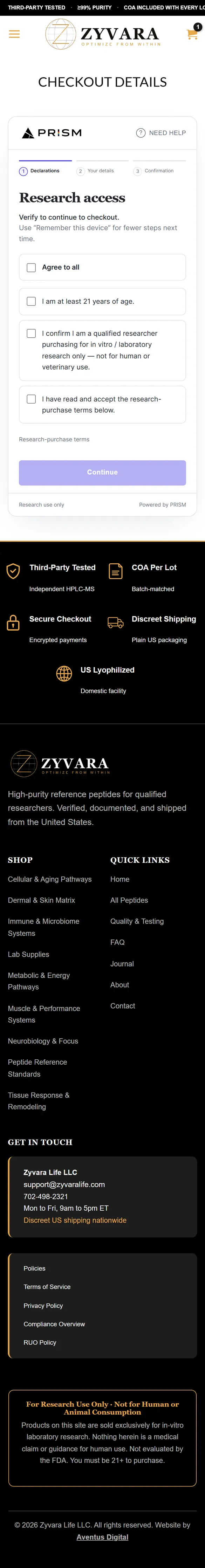 Zyvara checkout on a phone, from the research access step down to the footer