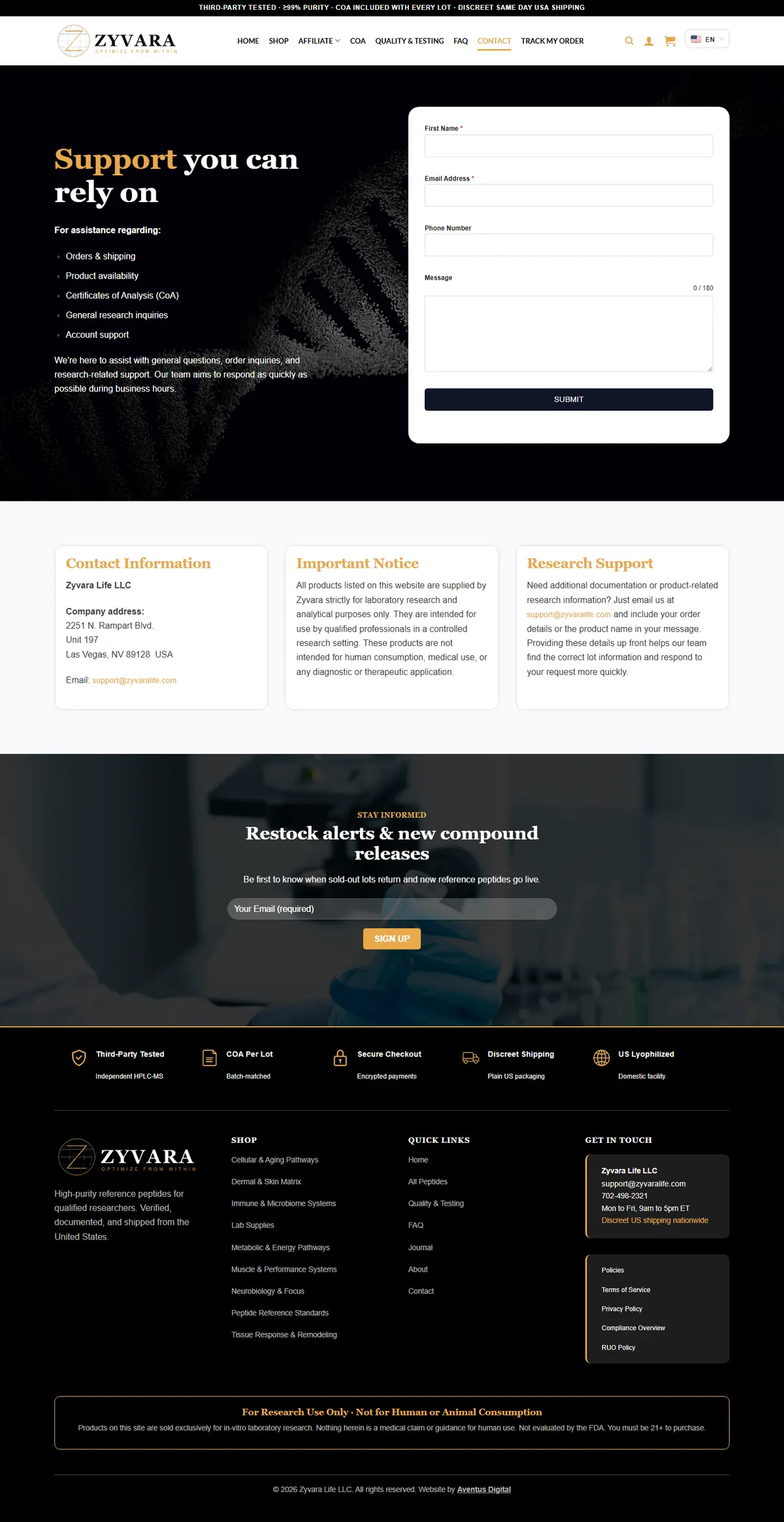 Full Zyvara Contact page, down to the footer