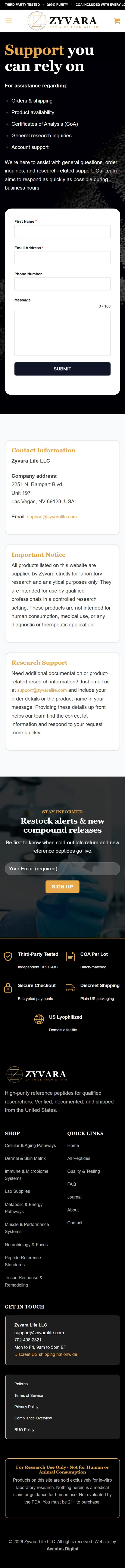 Zyvara Contact page on a phone, down to the footer