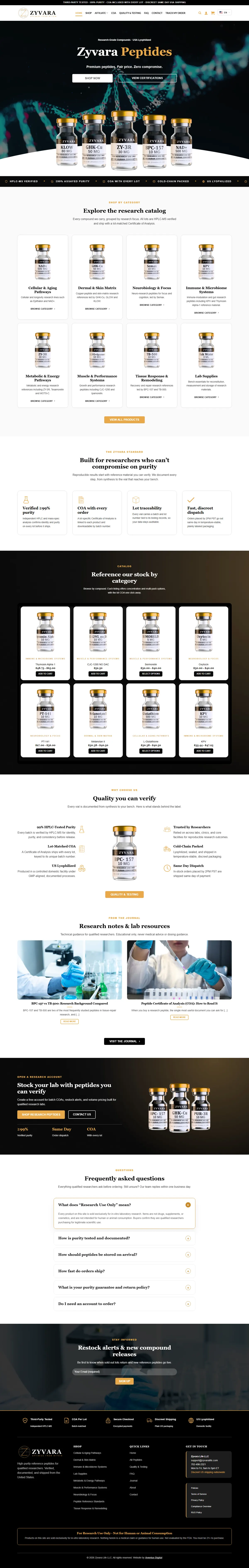 Research peptide store homepage designed and built by Aventus Digital, shown on a laptop