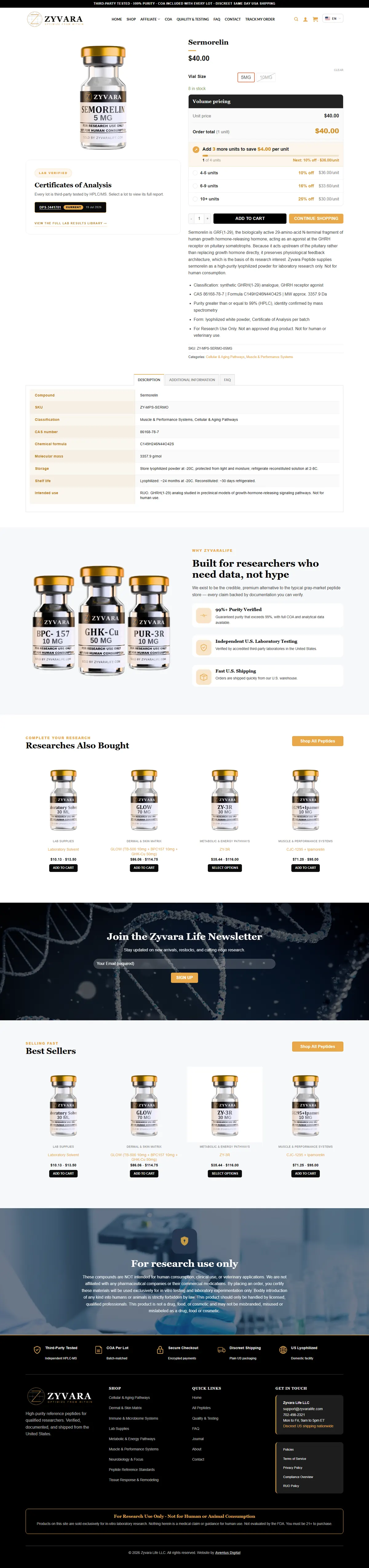 Full sermorelin product page with vial size options, volume pricing, certificate of analysis, specification content and footer