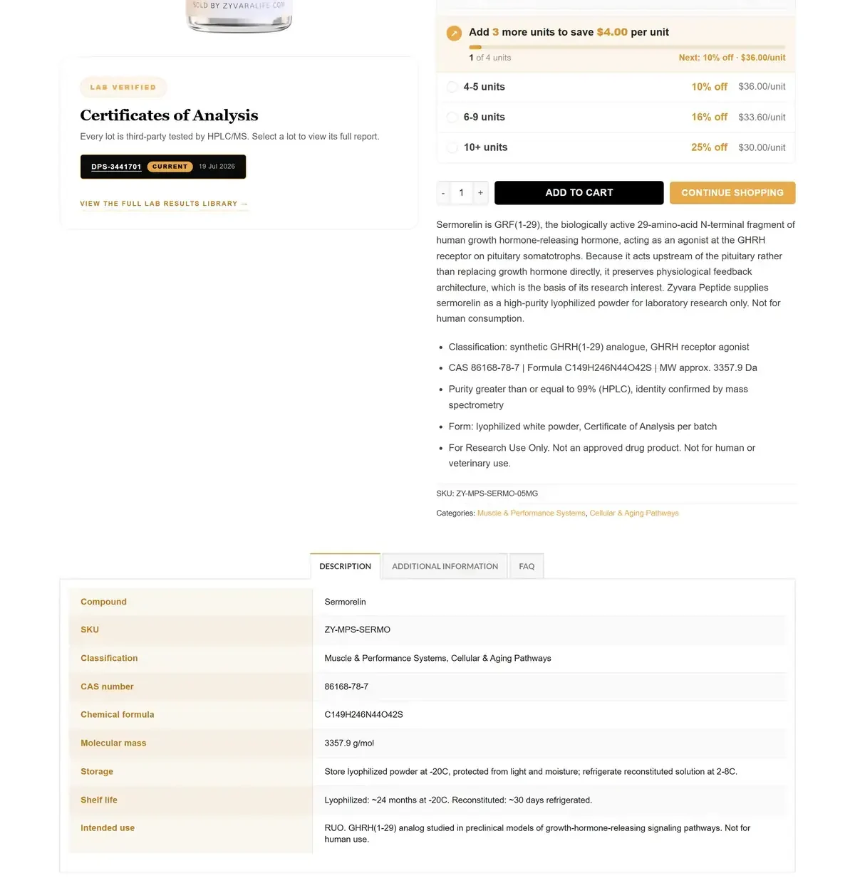 Sermorelin product page: purchase panel, certificates of analysis block, specification bullets and the description table