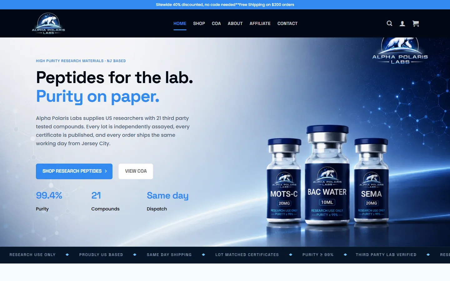 Alpha Polaris Labs homepage after the redesign, top of the page